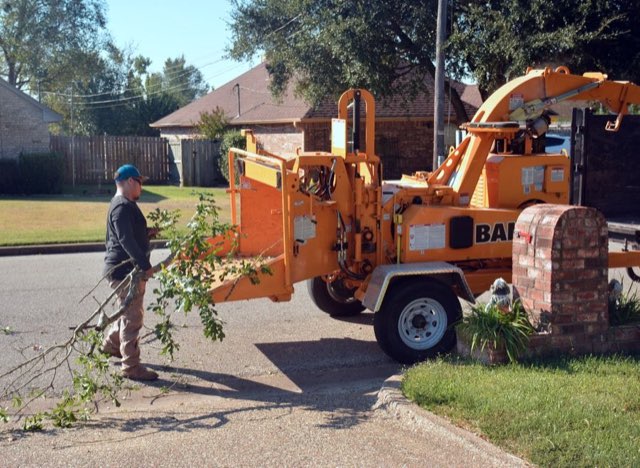 Worker feeding branches into an orange wood chipper